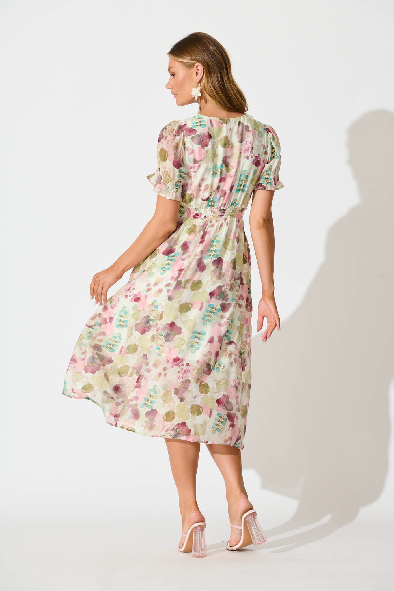 Anabelle Midi Dress in Sage with Blush Watercolour