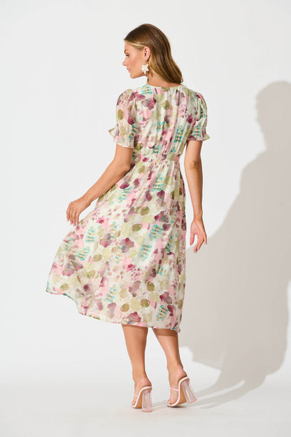 Anabelle Midi Dress in Sage with Blush Watercolour