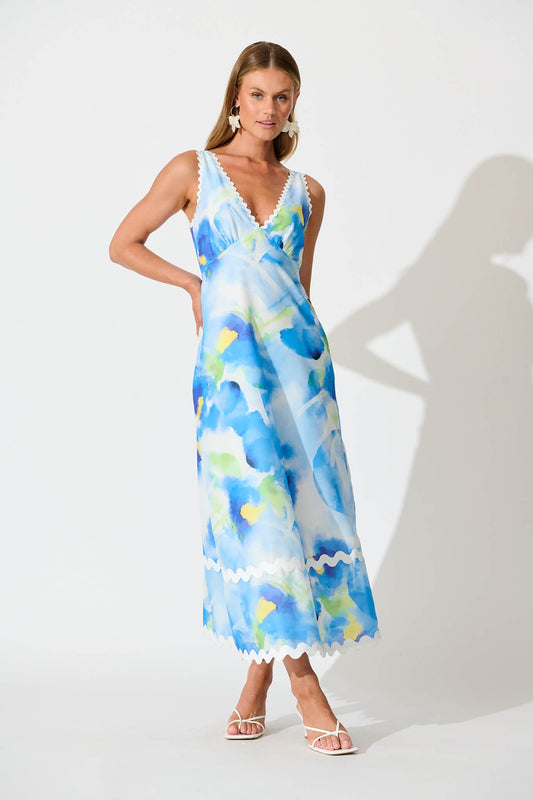 Franca Maxi Dress In Blue Watercolour with Ric Rac Trim