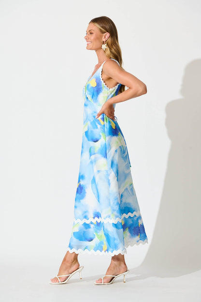 Franca Maxi Dress In Blue Watercolour with Ric Rac Trim