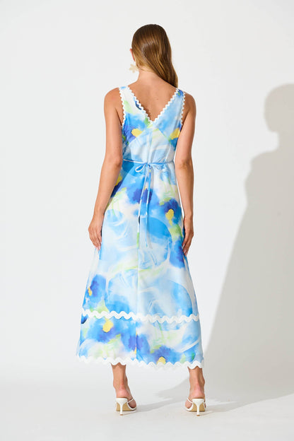 Franca Maxi Dress In Blue Watercolour with Ric Rac Trim