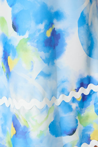 Franca Maxi Dress In Blue Watercolour with Ric Rac Trim