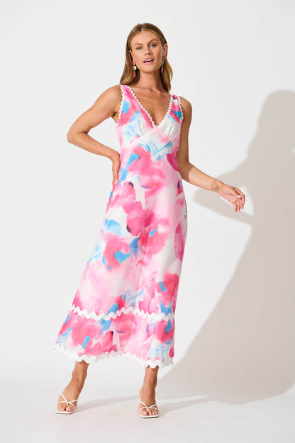 Franca Maxi Dress in Pink Watercolour with Ric Rac Trim