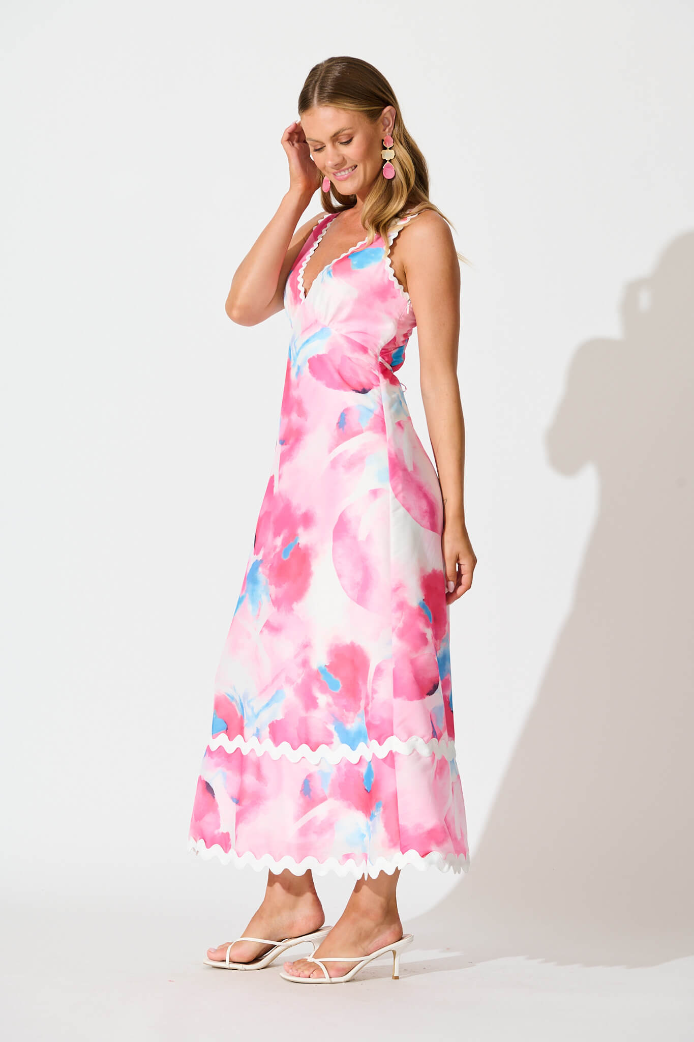 Franca Maxi Dress in Pink Watercolour with Ric Rac Trim
