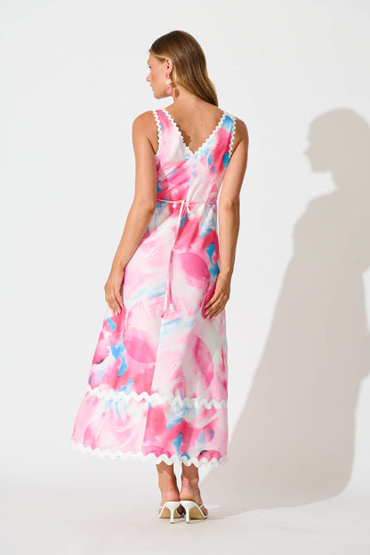 Franca Maxi Dress in Pink Watercolour with Ric Rac Trim