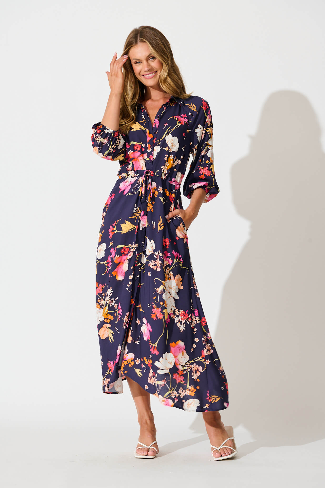 Neroli Midi Shirt Dress In Navy with Multi Floral
