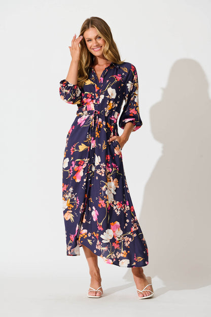 Neroli Midi Shirt Dress In Navy with Multi Floral
