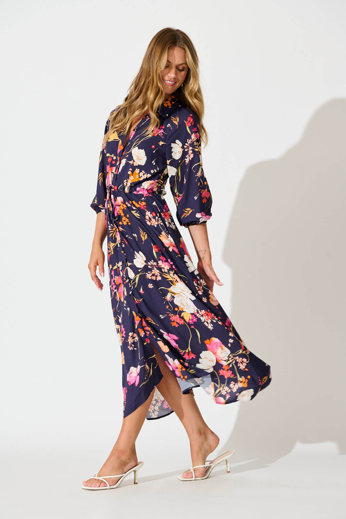 Neroli Midi Shirt Dress In Navy with Multi Floral