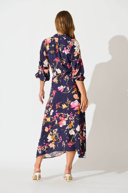 Neroli Midi Shirt Dress In Navy with Multi Floral
