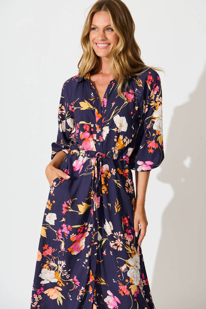 Neroli Midi Shirt Dress In Navy with Multi Floral