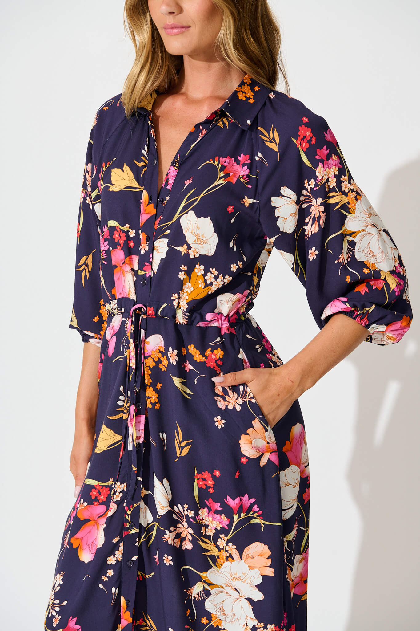 Neroli Midi Shirt Dress In Navy with Multi Floral