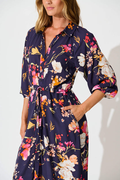 Neroli Midi Shirt Dress In Navy with Multi Floral