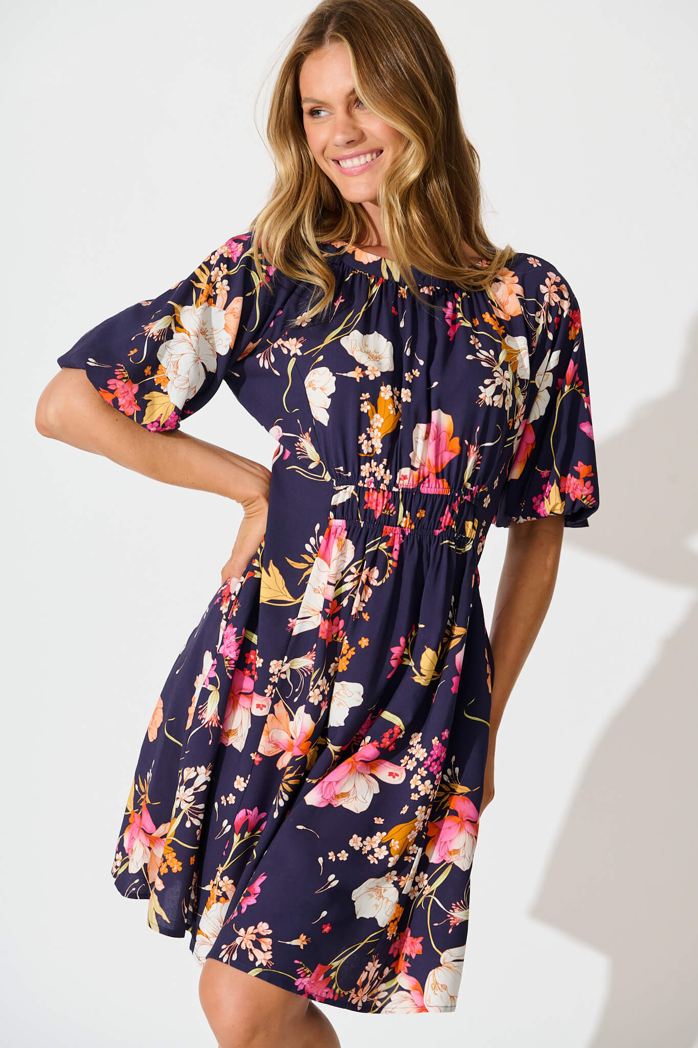 Whitney Dress In Navy with Multi Floral