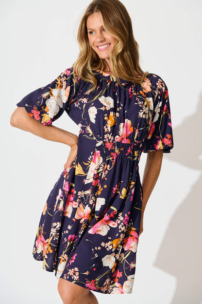 Whitney Dress In Navy with Multi Floral