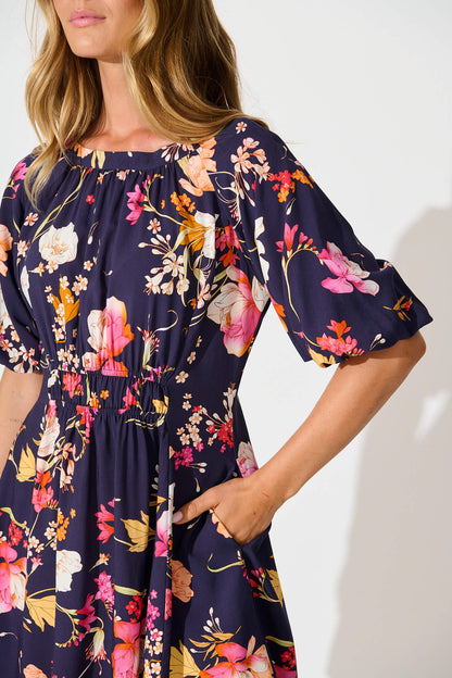 Whitney Dress In Navy with Multi Floral