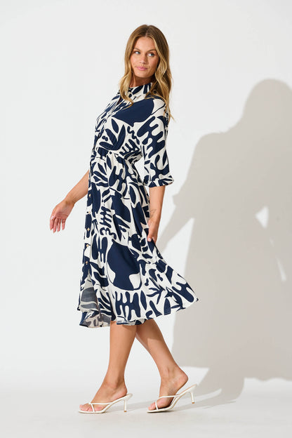 Charlotte Midi Shirt Dress In Navy and White Print