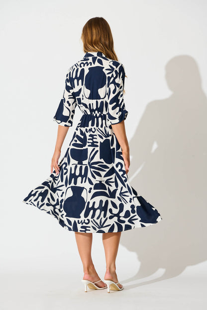 Charlotte Midi Shirt Dress In Navy and White Print