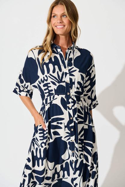 Charlotte Midi Shirt Dress In Navy and White Print