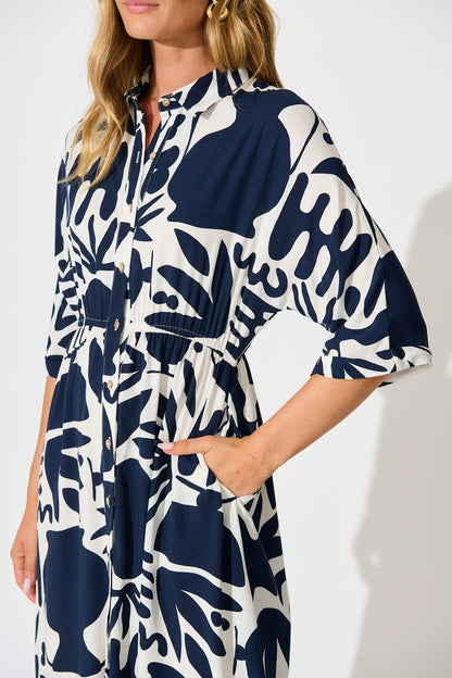 Charlotte Midi Shirt Dress In Navy and White Print
