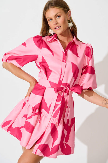 Fione Shirt Dress in Blush With Fuchsia Print