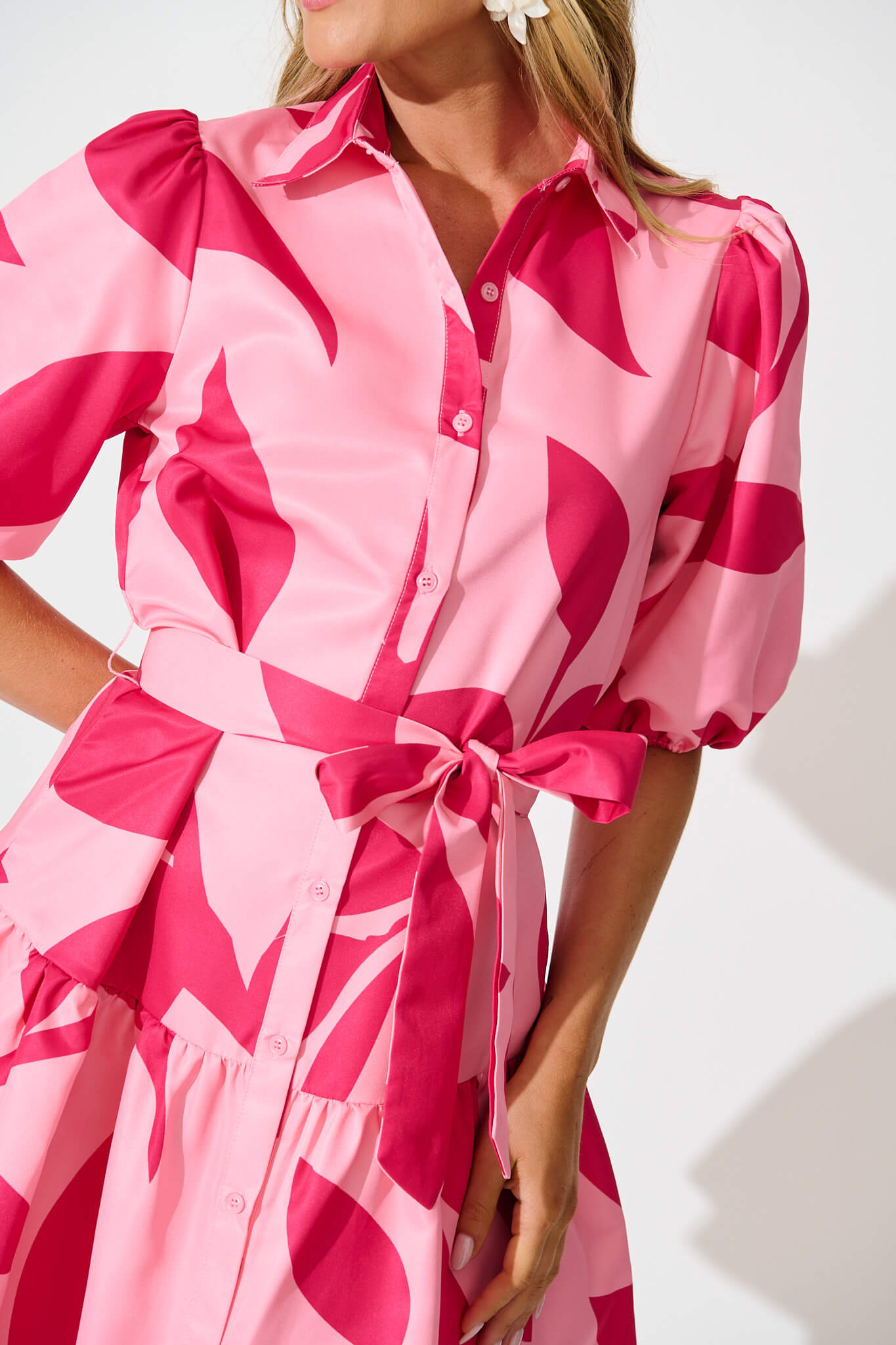 Fione Shirt Dress in Blush With Fuchsia Print