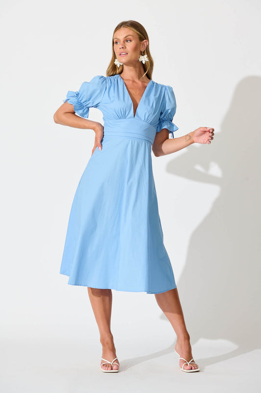 Sunrays Midi Dress in Blue Cotton