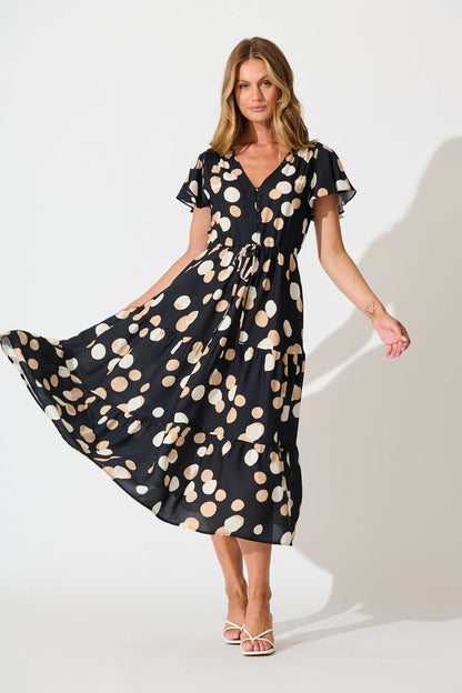 Saturday Midi Dress In Black with Cream Spot