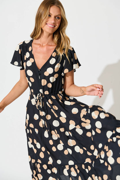 Saturday Midi Dress In Black with Cream Spot