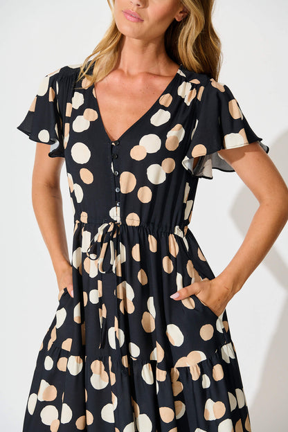 Saturday Midi Dress In Black with Cream Spot