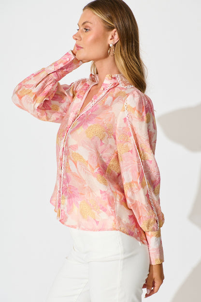 Davies Shirt in Pink Floral With White Lace Trim