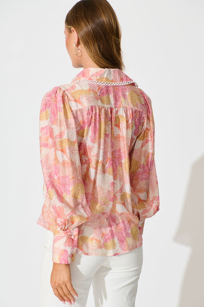 Davies Shirt in Pink Floral With White Lace Trim