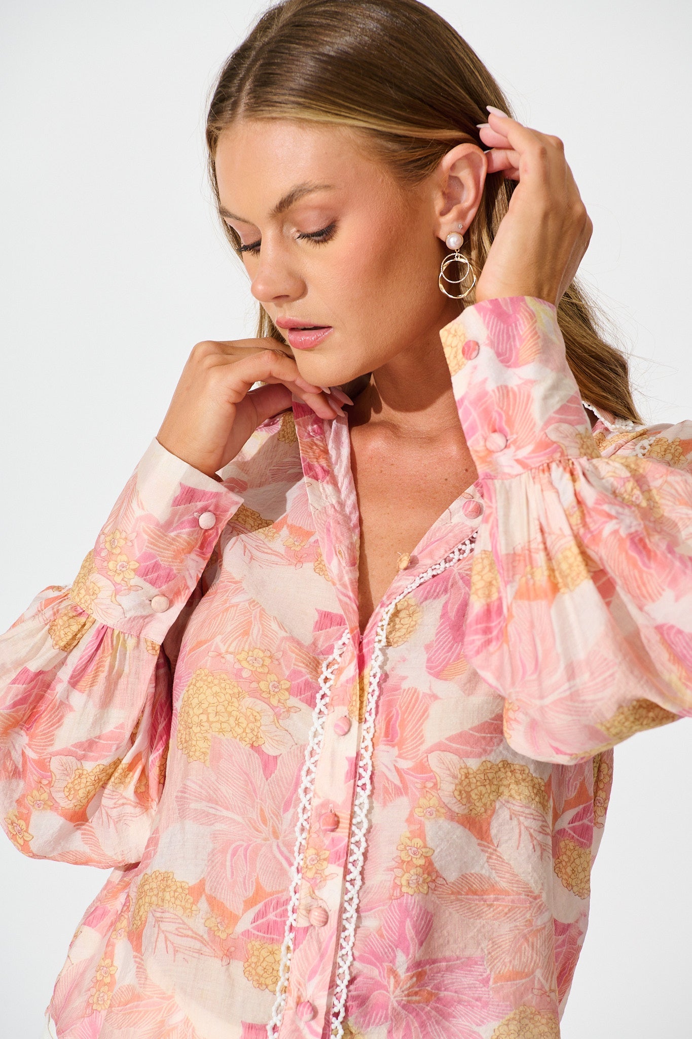Davies Shirt in Pink Floral With White Lace Trim