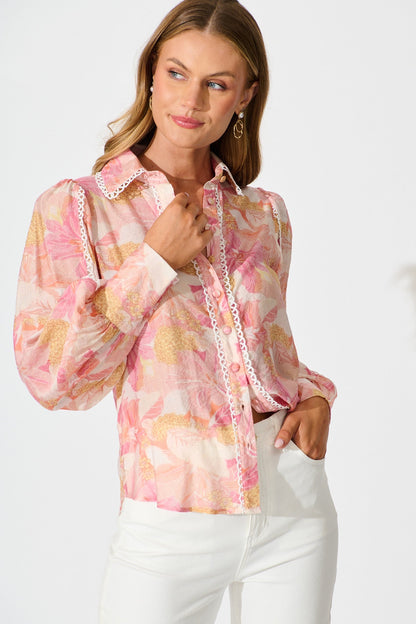 Davies Shirt in Pink Floral With White Lace Trim
