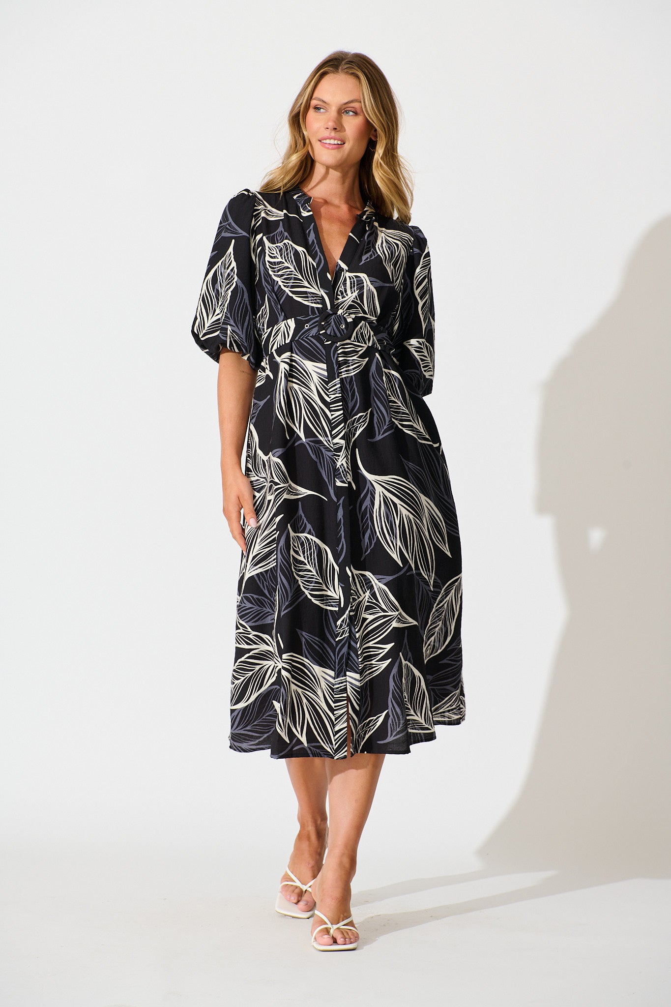 Katie Midi Dress in Black with Cream Leaf