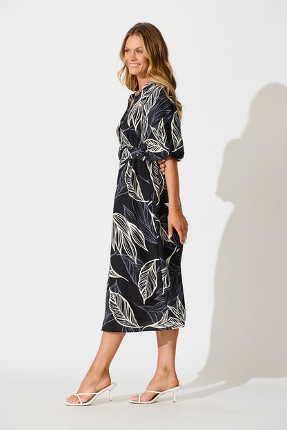 Katie Midi Dress in Black with Cream Leaf