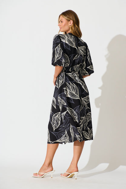 Katie Midi Dress in Black with Cream Leaf