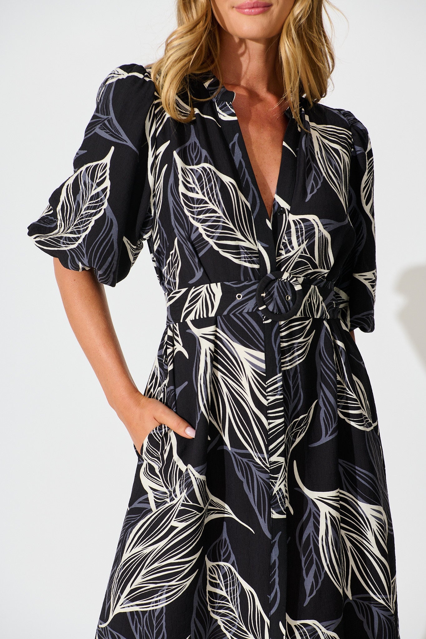 Katie Midi Dress in Black with Cream Leaf