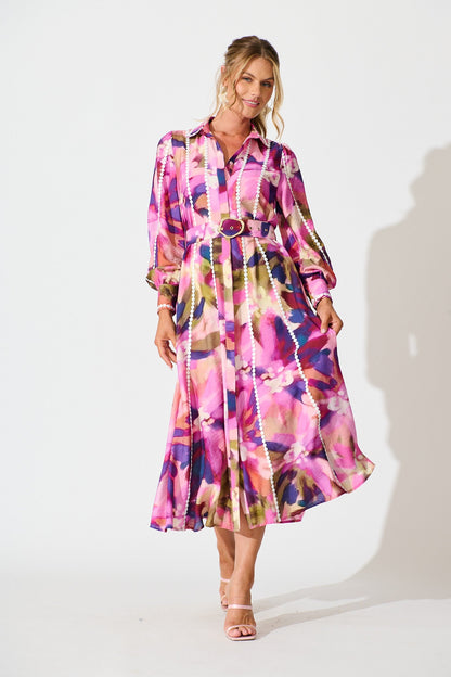 Lovingly Maxi Shirt Dress in Plum Multi Watercolour