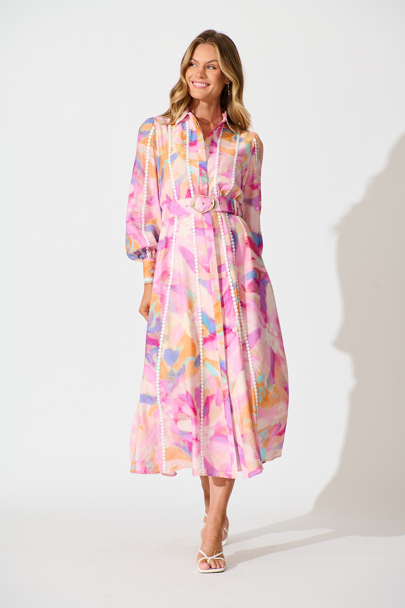 Lovingly Maxi Shirt Dress in Pink with Purple Watercolour