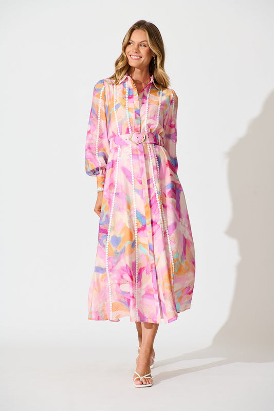 Lovingly Maxi Shirt Dress in Pink with Purple Watercolour