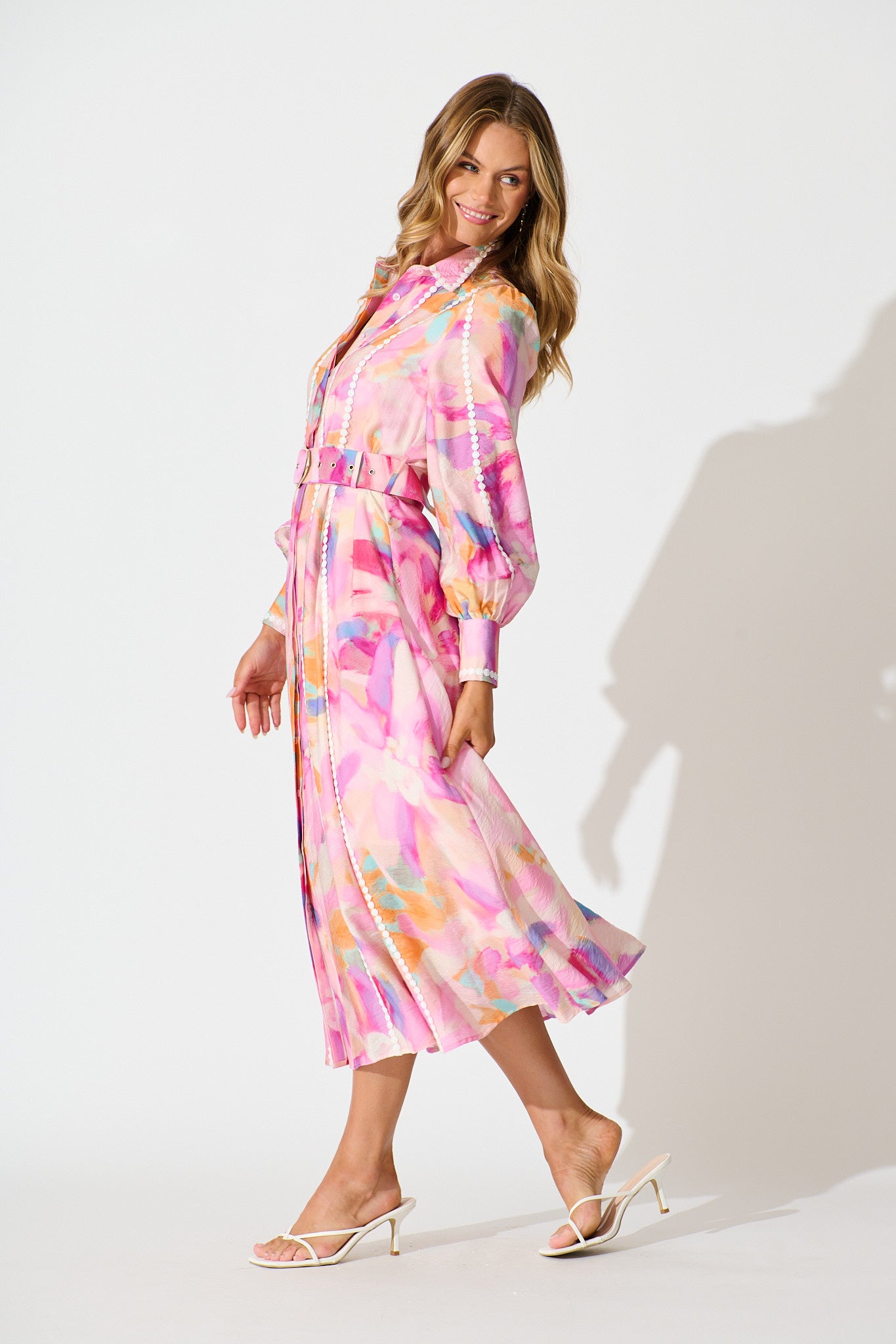 Lovingly Maxi Shirt Dress in Pink with Purple Watercolour