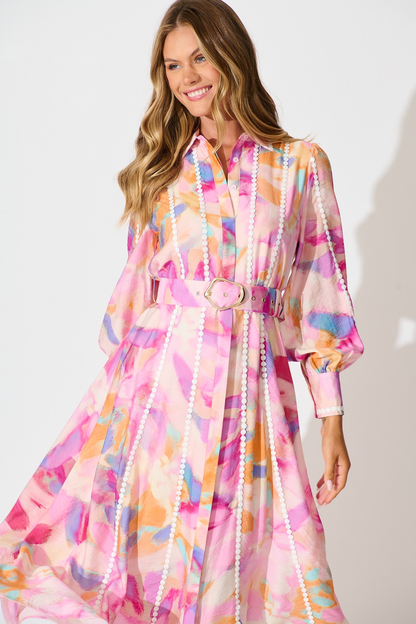Lovingly Maxi Shirt Dress in Pink with Purple Watercolour
