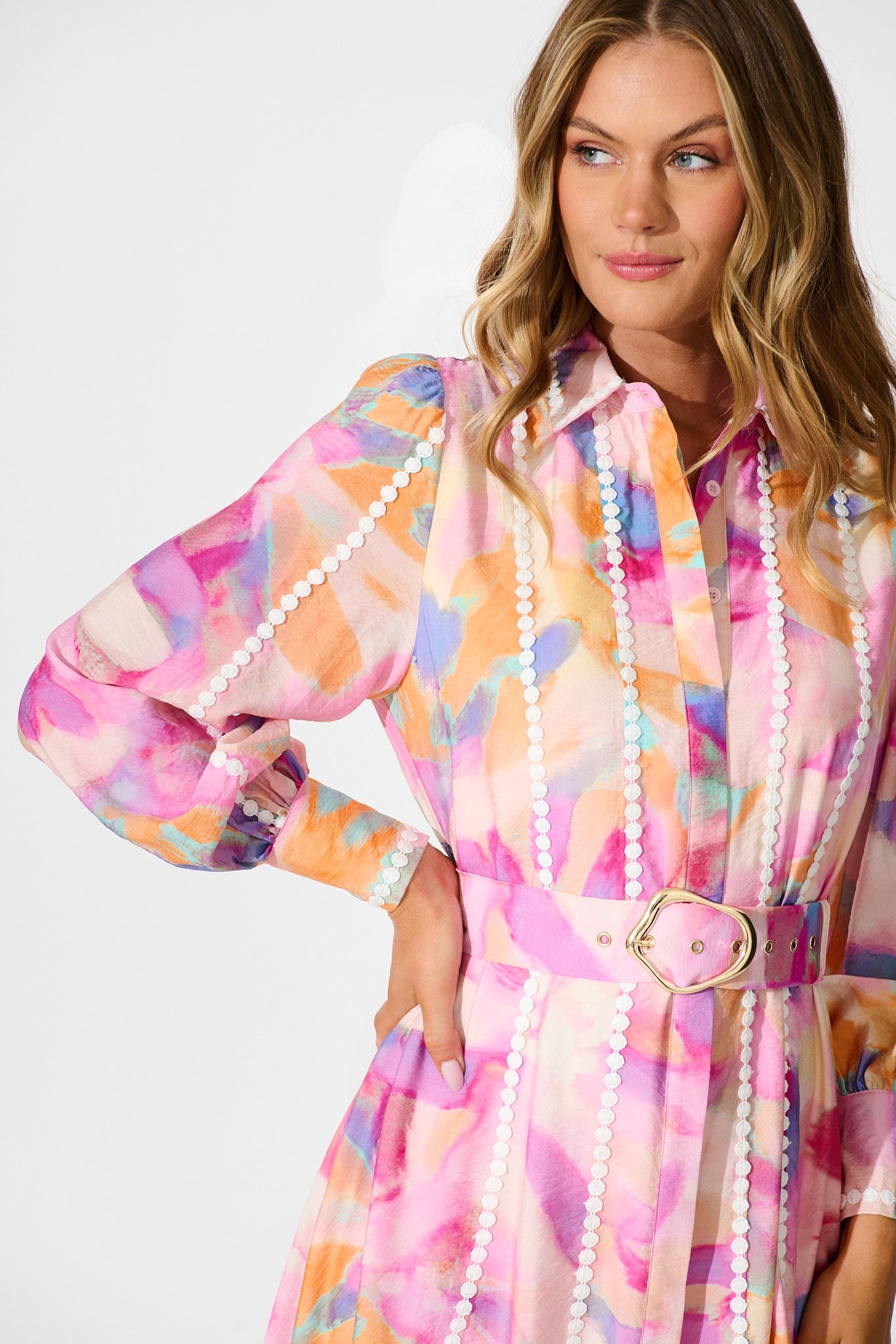 Lovingly Maxi Shirt Dress in Pink with Purple Watercolour