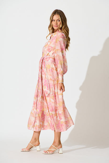 Alaina Maxi Shirt Dress in Pink Floral With White Lace Trim