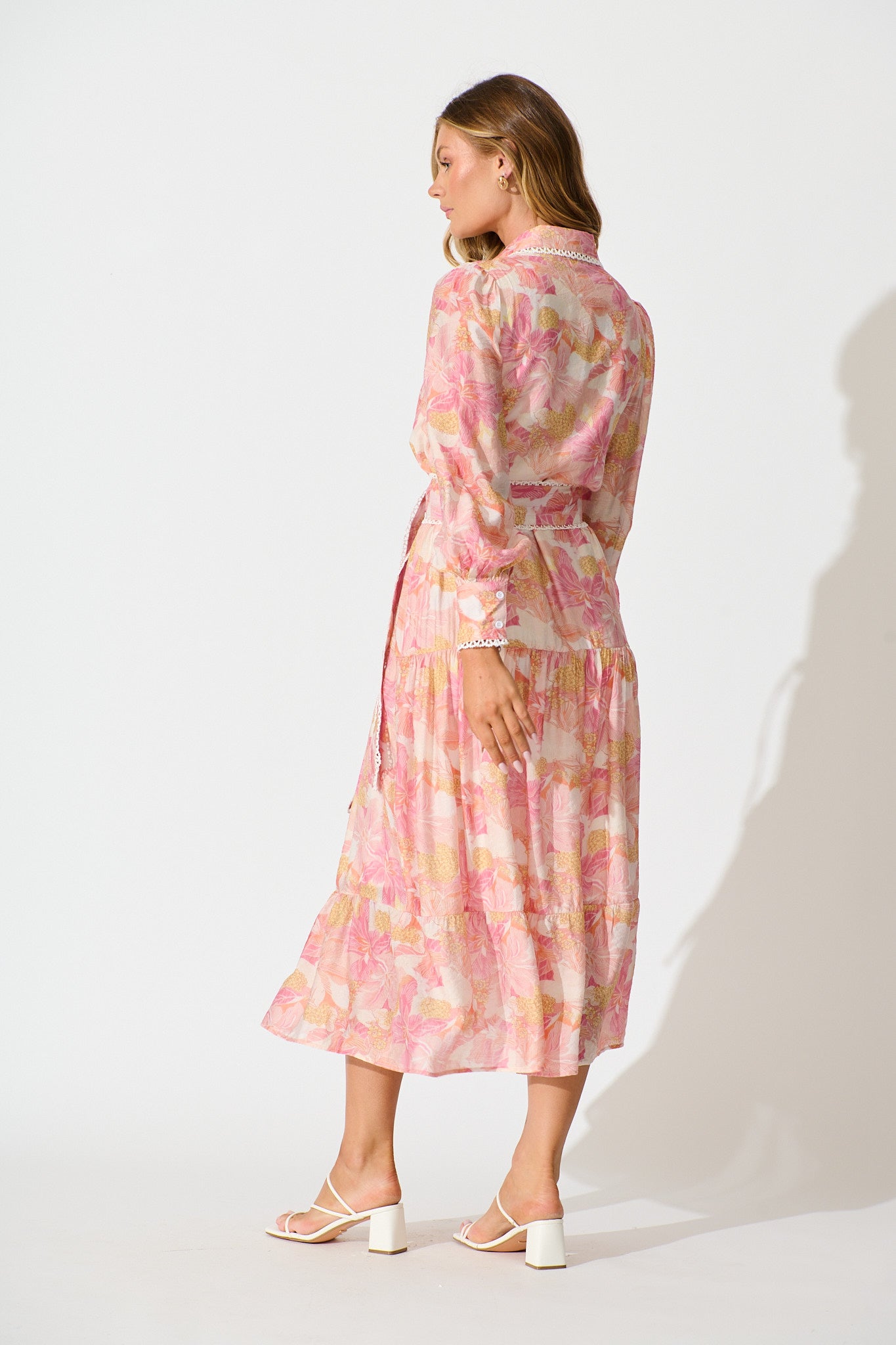 Alaina Maxi Shirt Dress in Pink Floral With White Lace Trim