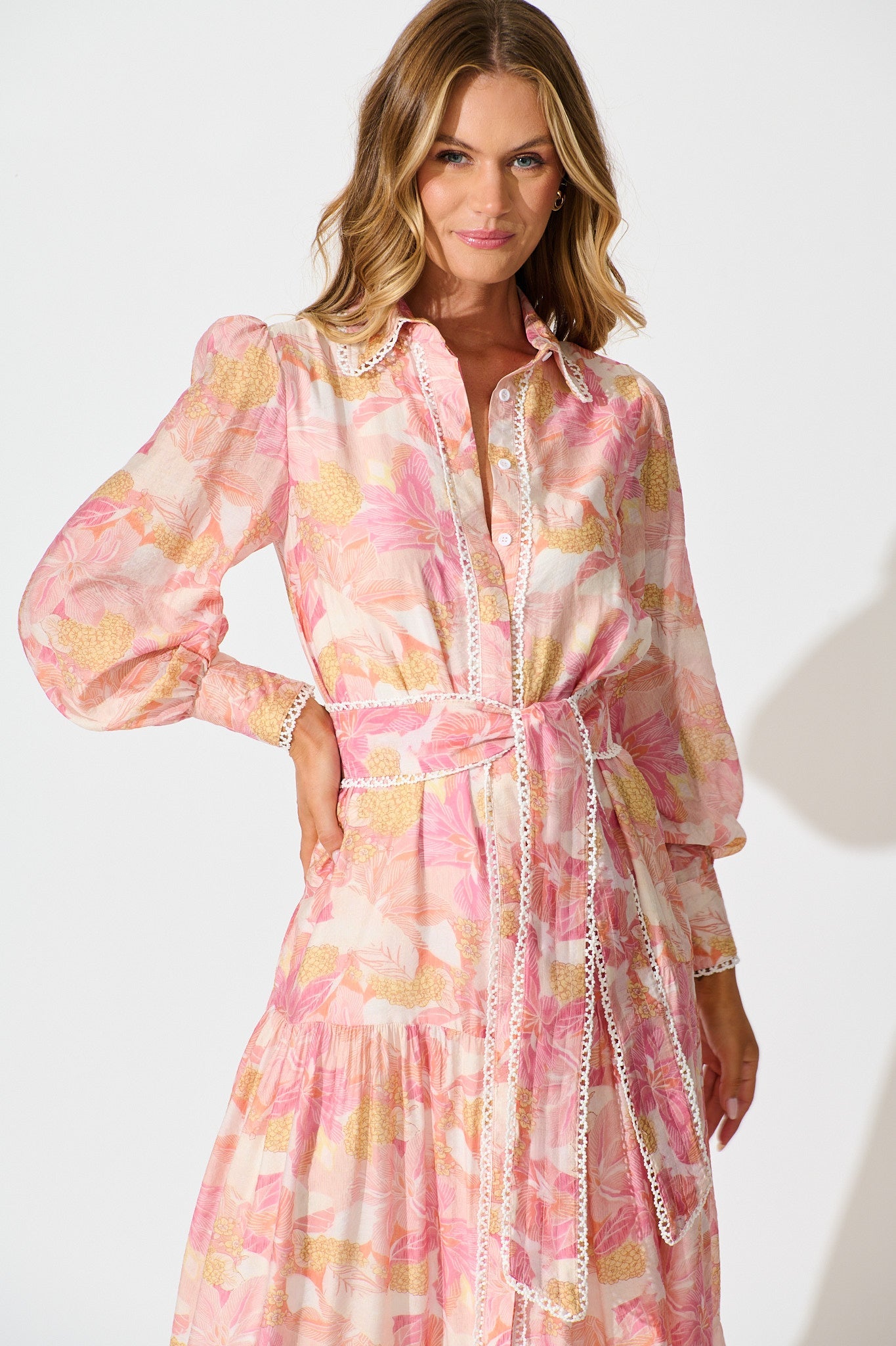 Alaina Maxi Shirt Dress in Pink Floral With White Lace Trim
