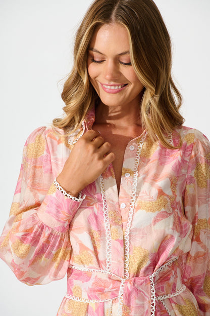 Alaina Maxi Shirt Dress in Pink Floral With White Lace Trim