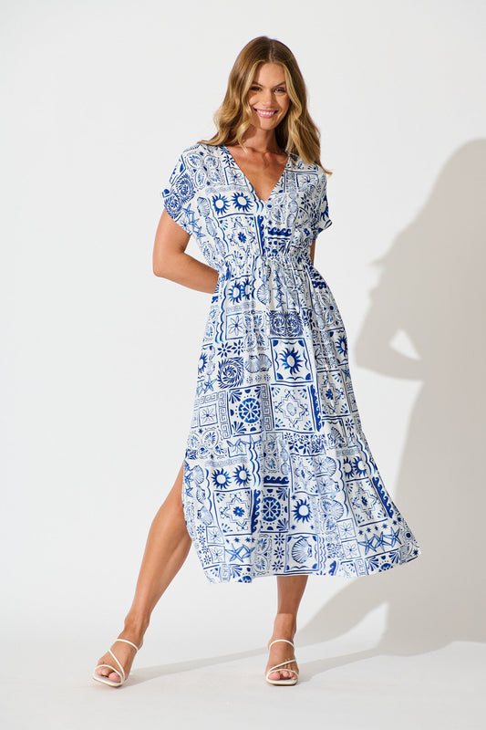 Zadie Midi Dress in White and Blue Tile Print