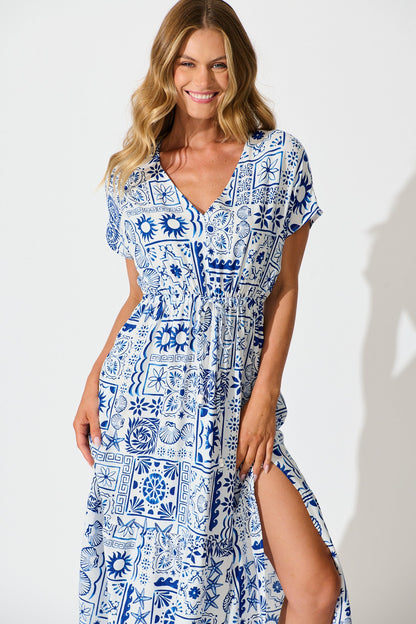 Zadie Midi Dress in White and Blue Tile Print