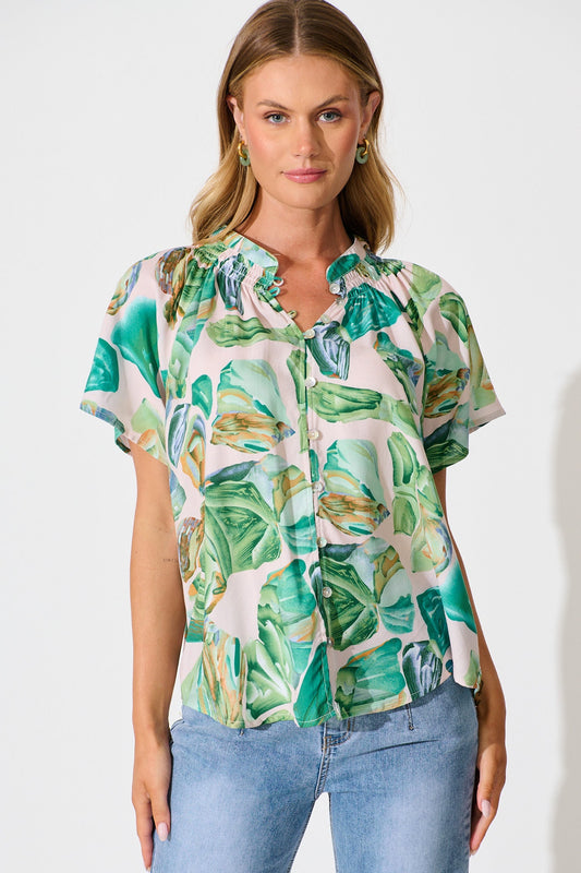 Lombard Top in Multi Green Leaf Print